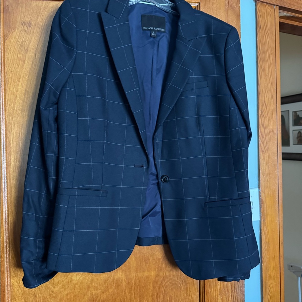 Banana Republic Ladies Navy Windowpane Blazer with Subtle White Grid